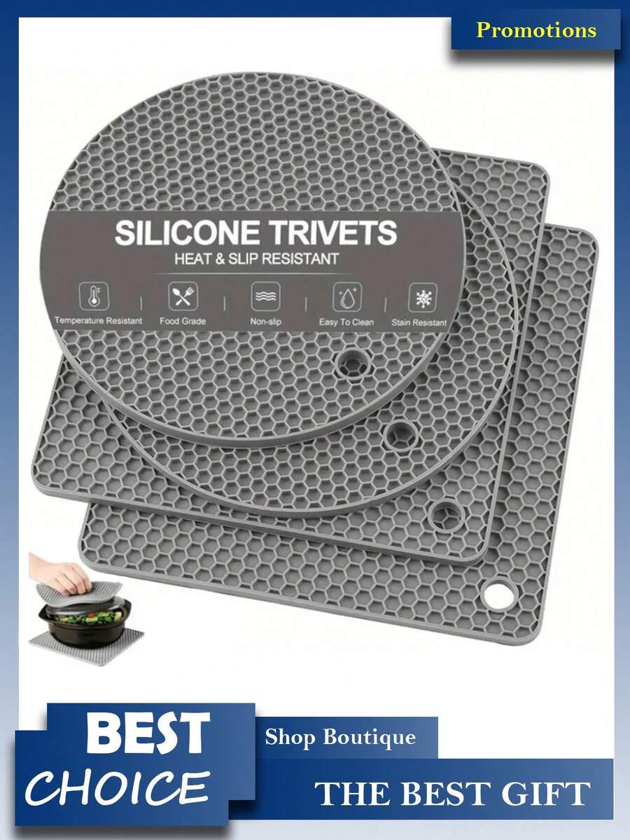 4 قطع مجموعة المثبت السيليكوني - عازلات حرارية لا تنزلق، وسطايات مقاومة للحرارة للطاولة، عازل للميكروويف والأواني الساخنة والأطباق وحصيرة عازلة للمطبخ، وسادة سيليكونية مقاومة للحرارة دائرية ذات تصميم بسيط