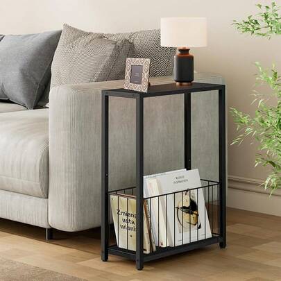 Juego de 2 mesas laterales estrechas con portarevistas, mesas auxiliares delgadas perfectas para espacios pequeños, diseño ahorra espacio para sala de estar, dormitorio u oficina, 18 cm P x 43 cm A x 60 cm H, negro