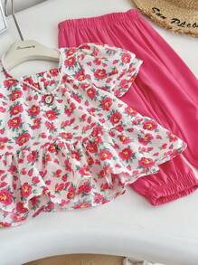 Conjunto de 2 peças de blusa e calça lanterna com estampa floral elegante e babados para meninas, adequado para atividades ao ar livre, fotografia, uso diário, piquenique, escola, primavera/verão