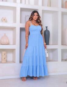 Long Dress With Adjustable Straps, Padded Cups And Lining And Elastic At The Back CREPE DUNNA FABRIC Simple Elegant Casual Party Button Ruched Pleated Bust - Màu xanh nhạt - Xem 2