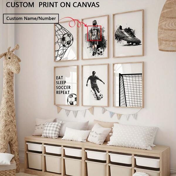 Conjunto de 6 pôsteres em tela personalizados com moldura opcional, impressões de arte de parede de futebol personalizadas, presentes de futebol, decoração de quarto de menino com tema de futebol, impressões de futebol para meninos, impressão de nome de camisa de futebol, pôsteres de futebol com estampas