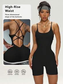 Crisscross Strappy Yoga Romper With V-Waist & Booty Lift, Stretchy Bodysuit For Workout/Beach,Strappy Detail & Lift Effect | Squat-Proof Yoga Bodysuit For Gym/Date Night,Strategic Backless Cutout,Figure-Flattering V-Waist,Clavicle-Accentuating Neckline,Tummy Control,Women's Sexy Backless Jumpsuit Shapewear Bodysuit