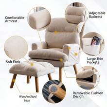 Modern Accent Chair With Ottoman Soft Fabric Armchair With Adjustable Backrest And Side Pockets Comfy Lounge Chair For Living Room Bedroom Apartment Office Beige - Beige - View 4