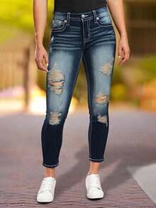 Women's Tight Jeans With Elastic Tearing Holes And Slanted Pockets, Casual Tight And Sexy Slim Fit Jeans - 深色水洗藍 - 查看 7