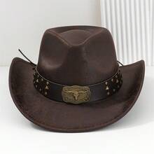 Women Men Cowgirl Hat, Vintage Bull Head Roll-Up Wide Brim Western Hat For Daily Party - Màu nâu - Xem 2