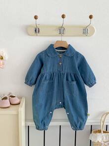 Korean Baby Spring New Bodysuits For Boys And Girls Ins Cute Lapel Denim Rompers - Blue - View 2
