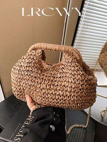 Fashionable Woven Straw Handbag, Elegant For Vacation Travel, Chic Top Handle Tote Bag, Khaki Color, Lightweight Zipper Pouch