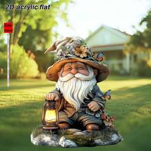 [2D 平面] 双面亚克力花园小矮人雕像带灯笼 - 异想天开的户外装饰，适用于露台、草坪和花园，大号 35.0 厘米，饰有带棕色帽子的胡须小矮人、蝴蝶和花卉装饰，非常适合复活节和艺术景观、花园装饰 - 彩色 - 查看 7