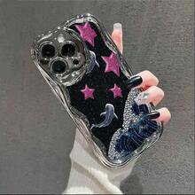 Glitter Stars Whale Sharks Ocean Art Element Design  Glossy Cream Wave Plated Phone Case For IPhone16/15/ 14/13/12/11/Xs Max, Anti-Scratch Protective Cover With Wavy Design,  Gift For Women Girls - Silver - View 5