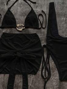 Women's Metal Decor Sexy Halter Tie Fashionable Bikini Top, Skirt And One-Piece Swimsuit Set - Black - View 3
