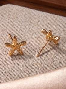 1 Par de Brincos de Botão com Estrela do Mar Metálica Estilo Europeu e Americano, Adequado para Uso em Férias por Senhoras