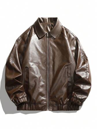 Men's Long Sleeve Casual Solid Color Faux Leather Jacket, Autumn/Winter