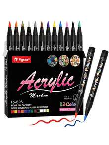 FLYSEA 24 支丙烯颜料马克笔 - 适用于木材、帆布、石材、玻璃和陶瓷表面学校用品，返校 - 12色 - 查看 2