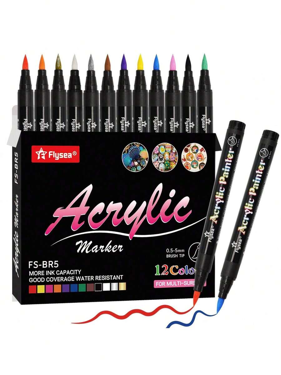 FLYSEA 24 支丙烯颜料马克笔 - 适用于木材、帆布、石材、玻璃和陶瓷表面学校用品，返校