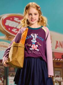 ASK JUNIOR Sudadera estilo pullover de cuello redondo con mangas largas y diseño de parches de colores contrastantes, cómoda para niñas preadolescentes, para el otoño - Burdeos - Ver 3