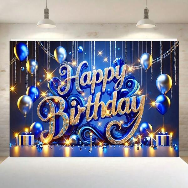 1PC, Golden Blue Glittering Birthday Happy Background Fabric - Polyester Fiber Balloon Design, Polyester Material, Suitable For Parties, Office Celebrations, Birthdays, Indoor/Outdoor Decoration, Home, Garden, Courtyard Decoration, Universal Theme