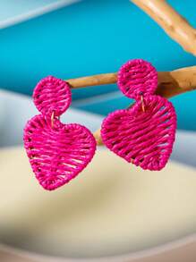 1 par de brincos de rattan com formato de coração geométrico boêmio, azul e vermelho-rosa, joias de praia adequadas para uso diário ou férias