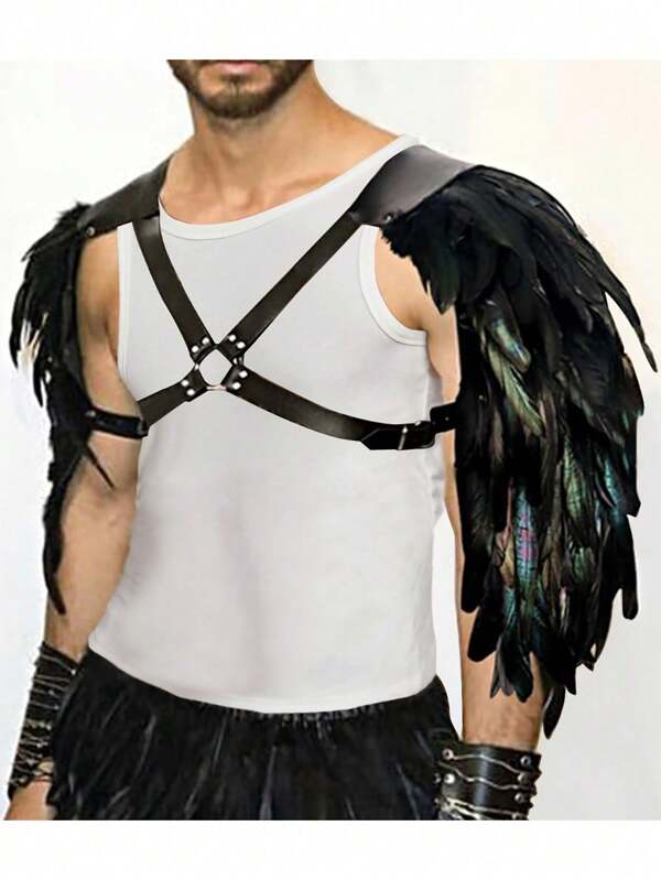 1 pieza Hombreras de plumas negras para hombre con correa, armadura de hombro de plumas y estilo medieval retro, armadura de pecho vikinga, disfraz de Halloween