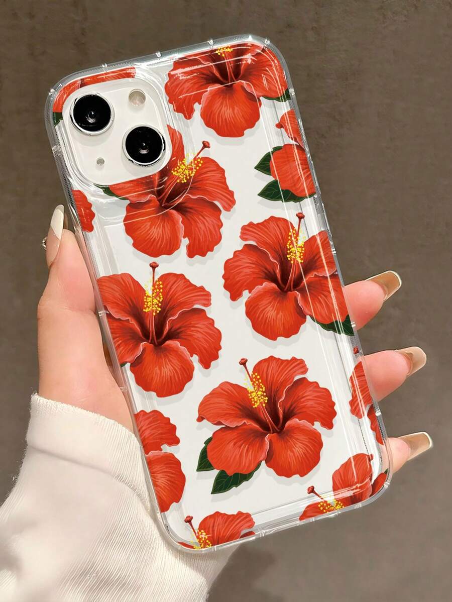 Flower 1pc Minimalist Red Hibiscus Pattern Airbag Anti-Slip Soft Phone Case Compatible With Iphone 11/12/13/14/15/16 Pro Max