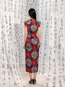 Faeriesty Women's Luxury New Chinese Style Cheongsam: Stand Collar | Sleeveless | High Slit - Formal Banquet, Wedding, Gala, Red Carpet, Business Events - Blue - View 3