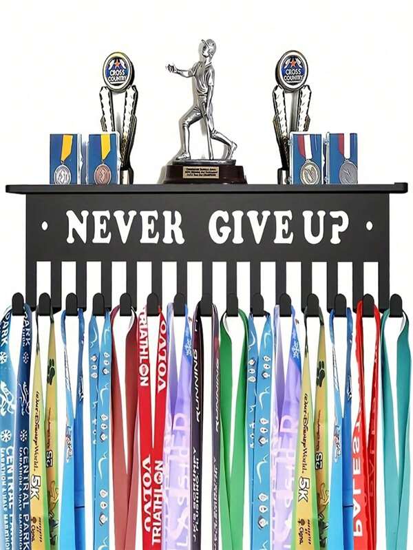 Medal Display Rack With 15 Hooks, Shelving For Medals, "Never Give Up" Medals Wall Mount Steel Holder, Running Competition Medal Display Stand, Soccer