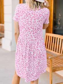 Women Leopard Print Round Neck Loose Casual Short Sleeve T-Shirt Dress - Hồng - Xem 3
