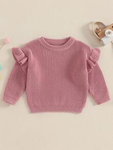 Ropa de invierno para niña, suéter básico liso con volantes, jersey para niño pequeño, suéter de color liso de manga larga y cuello redondo para recién nacidos. - Rosa - Ver 1