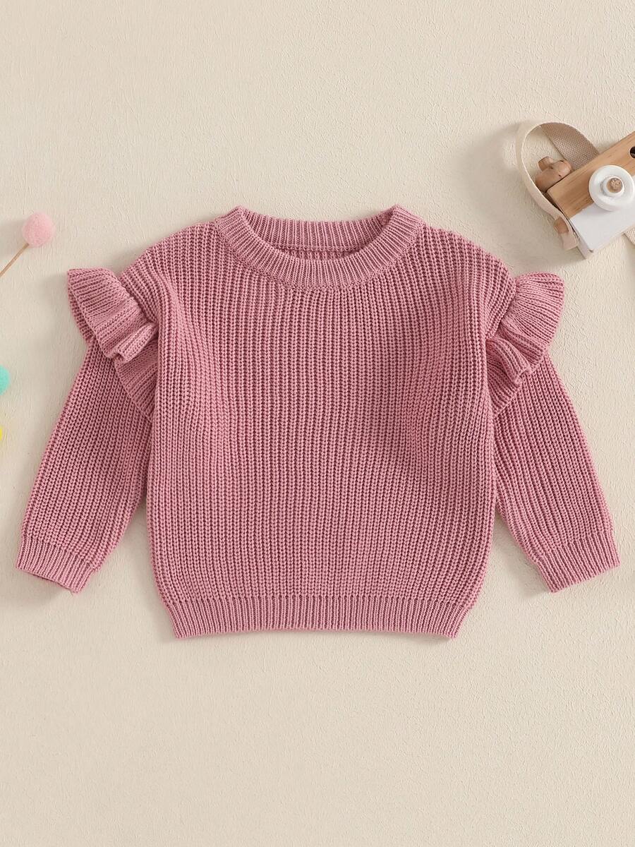 Ropa de invierno para niña, suéter básico liso con volantes, jersey para niño pequeño, suéter de color liso de manga larga y cuello redondo para recién nacidos. - Rosa - Ver 1