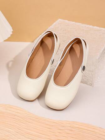 1 Pair Girl's Beige Flat Shoes, PU Material, Adjustable Metal Round Buckle Design, Round Toe, TPR Non-Slip Sole, Comfortable Slip-On Loafers, Solid Color Casual Style, Suitable For 5-14 Years Old Girls, Outdoor And Holiday Wear, All Seasons