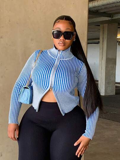 Women Casual Blue And White Striped Zip-Up High Collar Knitted Cardigan, Autumn/Winter