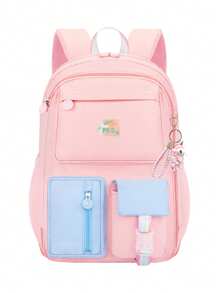 1 pieza Mochila con bloques de color adorable de dopamina (con colgante adorable), mochila grande para niñas, material de poliéster, cierre con cremallera, adecuada para la escuela, el trabajo, el viaje diario, de vuelta a la escuela como regalo