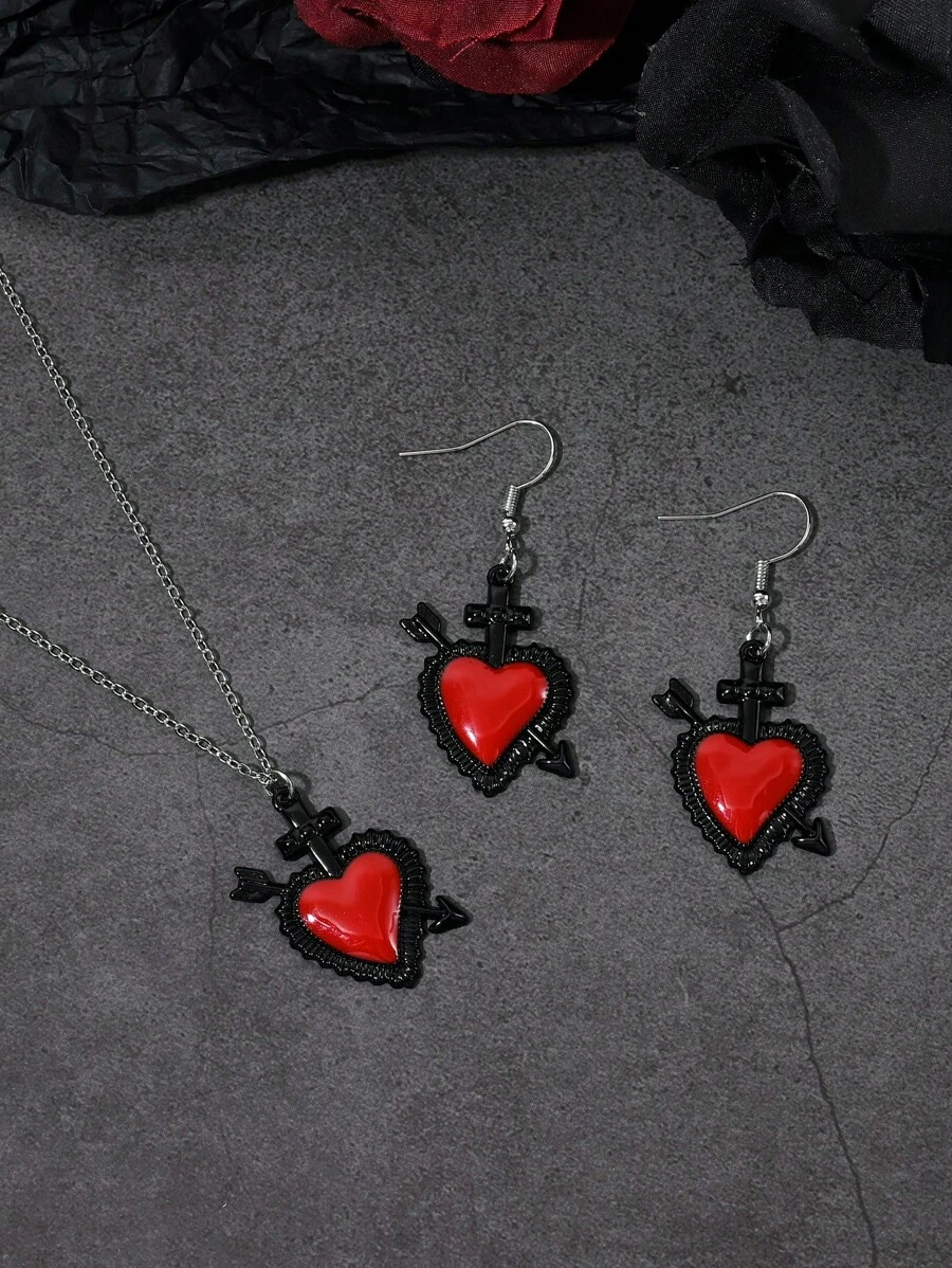 1 Set Gothic Goth Dunkel Kreuz Herz Anhänger Ohrringe & Halskette, Damen Alltagskleidung, Party, Halloween Geschenk