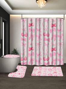 [1/4 pièces Ensemble salle de bain rêve] 1/4 pièces Ensemble de rideaux de douche rose cerisier délicat, tapis de toilette en U, housse de siège de toilette, ensemble de salle de bain décoratif, avec 12 crochets Rentrée scolaire