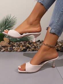 Women's Summer Simple Open - Toe High - Heel Slippers With A Solid - Color Design, Suitable For Daily Commuting, And In A Fashionable Kitten - Heel Style For Ladies' High - Heel Sandals. - Beige - View 1