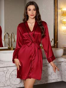 1pc Ladies Elegant Contrast Piping Belted Thin Short Robe, Silk Feel Comfortable Sleepwear For Home Use, Fall, Christmas, Winter - Red - View 7