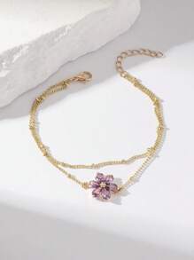 1 peça pingente minimalista brilhante de zircônia cúbica colorida com 6 pétalas de flor e pulseira de corrente multicamadas para mulheres e meninas