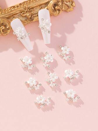 5pcs Silver Alloy + Pearl Flower + White Crystal Nail Art Decorations, Nail Accessories