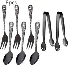 8/10 peças Conjunto de Colheres de Café, Colheres de Sobremesa, Pinças de Açúcar, Garfos de Fruta, Facas de Queijo, em Estilo Gótico de Aço Inoxidável, Crânio Preto e Rosas, Adequado para Halloween, Dia dos Mortos, Decoração de Mesa e Cozinha, Volta às Aulas