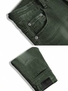 Men's Stretch Slim Fit Jeans - Stretch Denim Pants With Button Closure, Non-Transparent Slimming Trousers For Everyday & Formal Wear, All-Season Classic Blue Jeans For Men, Versatile Clothing, Vintage Style - 軍綠色 - 查看 4