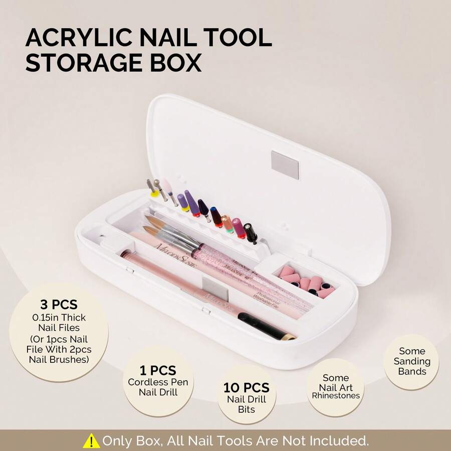 Acrylic Nail Tool Storage Box (Only Box), Portable Dustproof Stand Displayer Holder Organizer Container Manicure Efile Accessories Nail Drill Kit Case, Travel Salon Home ReadyToGoTravelEssentials - 白色 - 查看 1