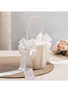 1pc Lace Flower Girl Basket,Wedding Flower Youngsters Basket, Basket With Lovely Pearl Handle Bow, Satin Flower Basket Suitable For Wedding Ceremony - Ivory And White