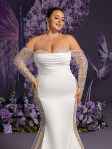 加大婚纱新娘礼服 | 奢华露肩缎面美人鱼婚纱，搭配闪亮长袖装饰，非常适合教堂婚礼、海滩晚会、空灵花园招待会和豪华晚宴 - 白色 - 查看 6