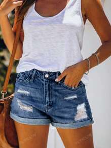 Jeans, Shorts, Women's Ripped Elements, Folding Pants Legs, Cycling Pants, Jeans, Shorts, Blue Pants, Simple Daily Wear, Summer Beach Style