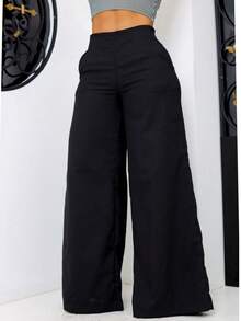 Women's Linen Wide Leg Pants Pocket Zipper Simple Evening Daily Birthday Party High Waist - 黑色 - 查看 1