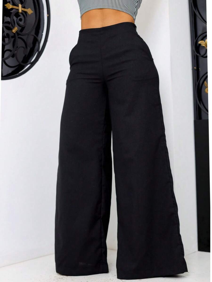 Women's Linen Wide Leg Pants Pocket Zipper Simple Evening Daily Birthday Party High Waist - 黑色 - 查看 1