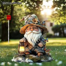 [2D 平面] 双面亚克力花园小矮人雕像带灯笼 - 异想天开的户外装饰，适用于露台、草坪和花园，大号 35.0 厘米，饰有带棕色帽子的胡须小矮人、蝴蝶和花卉装饰，非常适合复活节和艺术景观、花园装饰 - 彩色 - 查看 6