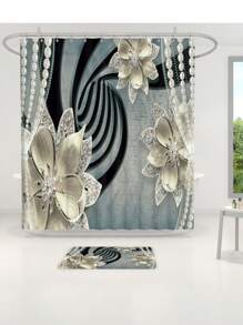 1 pièce/4 pièces Set de décoration de salle de bain multifonctionnel avec fleurs strass - Rideau de douche avec 12 crochets, tapis de bain, tapis en forme de U, couvercle de toilette rond, convient à tous les environnements de salle de bain, retour à l'école