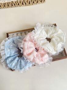1pc Vintage Ditsy Floral Lace Trim Hair Scrunchie, Elegant Bun/Ponytail Hair Tie, Sweet Hair Accessory