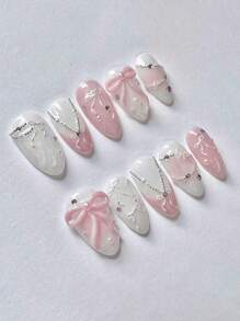 10 件手工杏仁指甲贴、粉色渐变蝴蝶结、珍珠链和 3D 贴花、可拆卸美甲套装（含果冻凝胶）、可重复使用艺术装饰按压指甲美甲用品