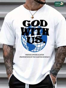 Unisex 100% Cotton Round Neck Short - Sleeve T - Shirt - "God With Us" Globe - Themed Graphic Tee For Summer Men's Tops - 白色 - 查看 1